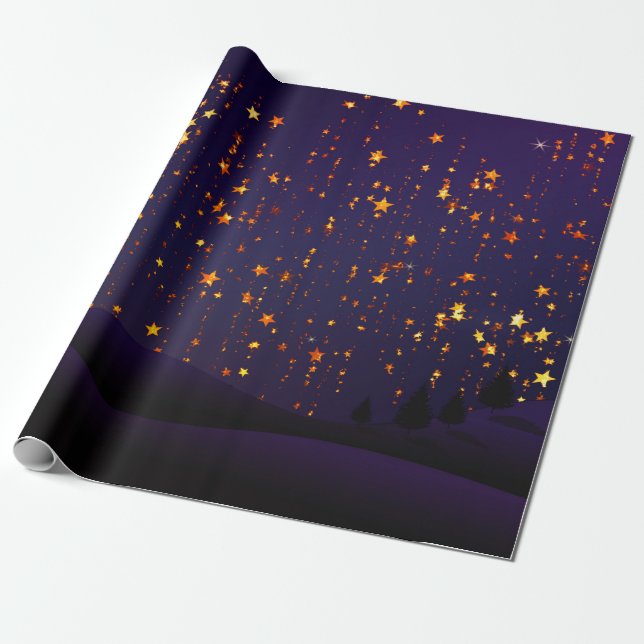 Purple and Gold Star Christmas Wrapping Paper (Unrolled)