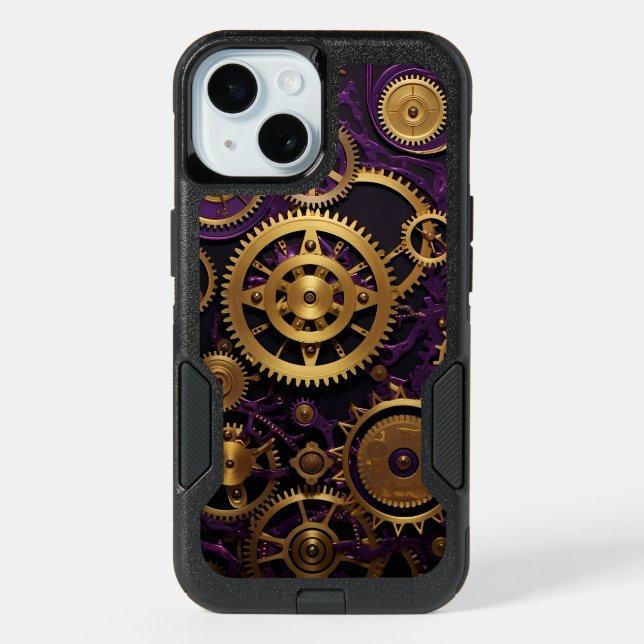 Purple and Gold Steampunk Gears and Cogs  iPhone 15 Case (Back)