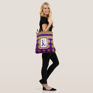 Purple and Gold Stripes and Dots Monogrammed Tote Bag