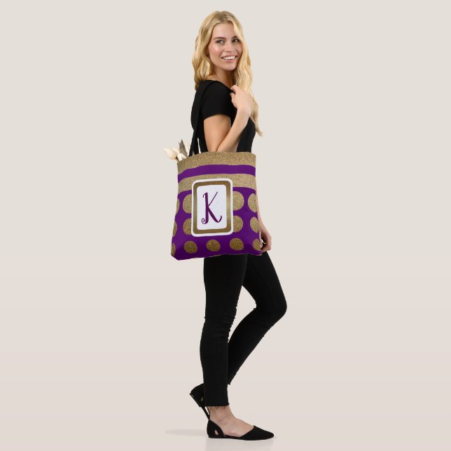 Purple and Gold Stripes and Dots Monogrammed Tote Bag (On Model)
