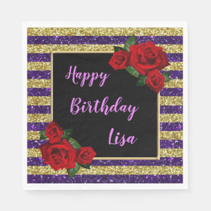 Purple And Gold Stripes Glitter Red Roses Birthday Napkins