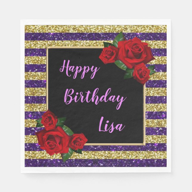 Purple And Gold Stripes Glitter Red Roses Birthday Napkins (Front)