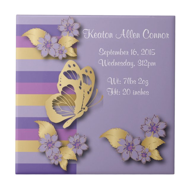 Purple and Gold Stripes with Butterflies Ceramic Tile (Front)