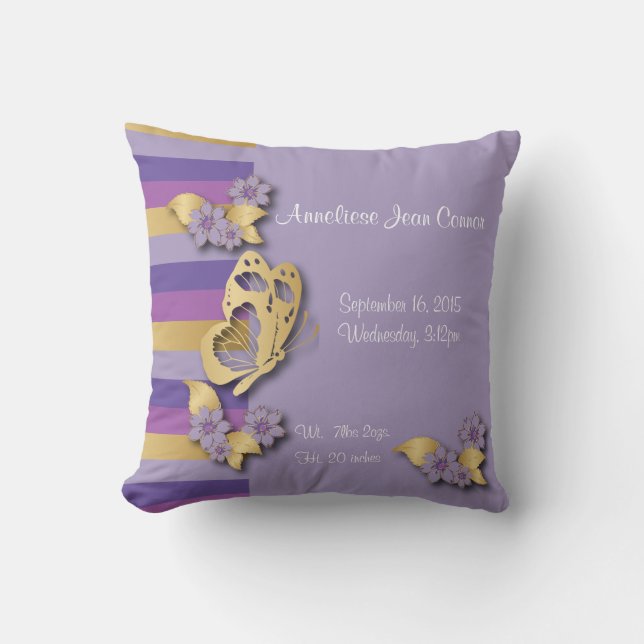 Purple and Gold Stripes with Butterflies Throw Pillow (Front)