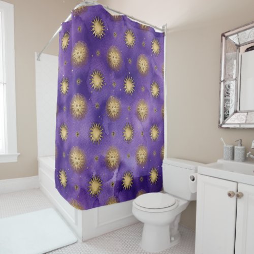 Purple and Gold Sun Celestial Shower Curtain