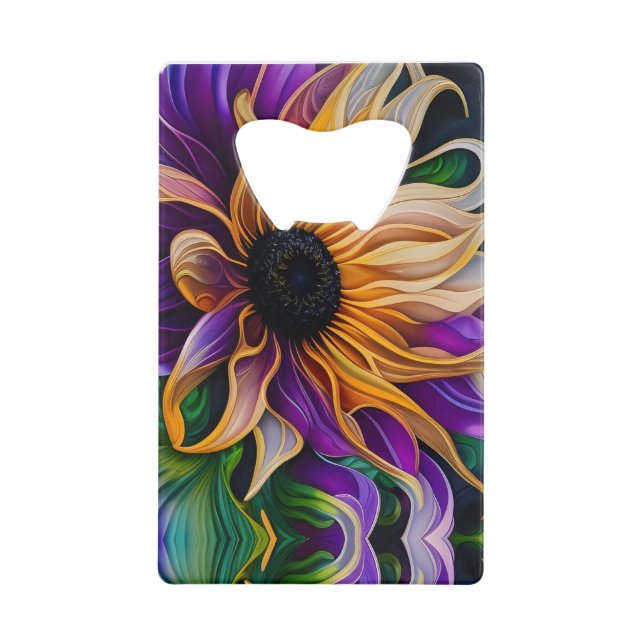 Purple and Gold Sunflower Art Credit Card Bottle Opener (Front)