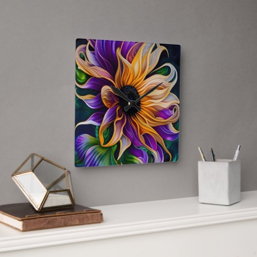 Purple and Gold Sunflower  Square Wall Clock