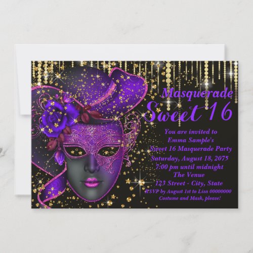 Purple and Gold Sweet Sixteen Masquerade Party Invitation