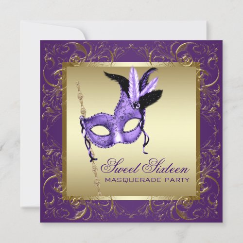 Gold Purple Sweet Sixteen Masquerade Party Custom Announcement