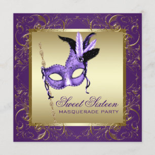 Purple and Gold Sweet Sixteen Masquerade Party Invitation