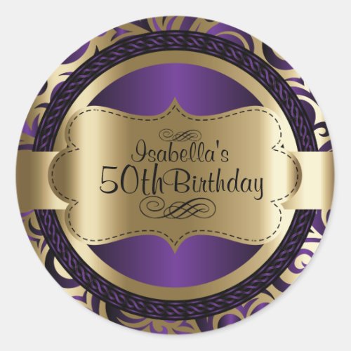 Purple and Gold Swirl Abstract 00th Birthday Classic Round Sticker