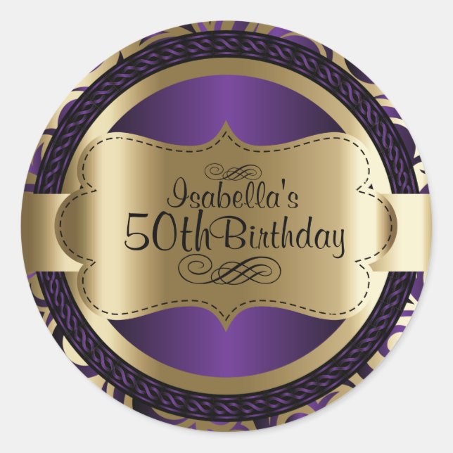 Purple and Gold Swirl Abstract 00th Birthday Classic Round Sticker (Front)