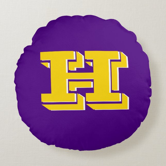 Purple and Gold Team Pride Monogram Round Pillow (Front)