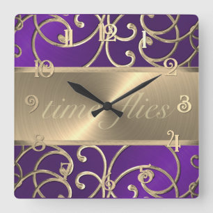 Purple and Gold Time Flies Clock