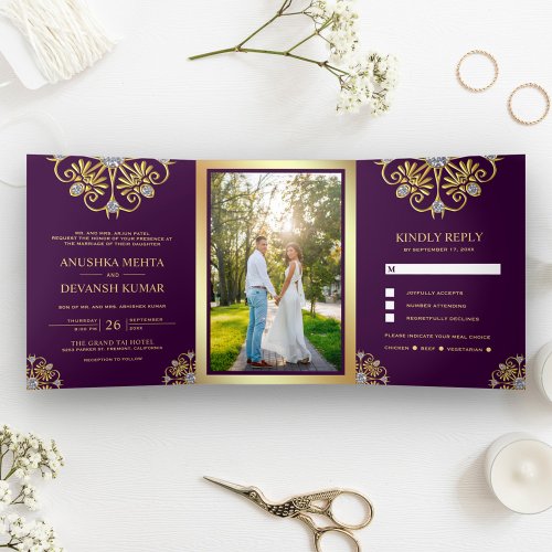 Purple and Gold Traditional Mandala Indian Wedding Tri_Fold Invitation