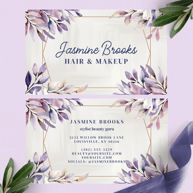 Purple and Gold Trendy Botanical Leaves Business Card (Creator Uploaded)