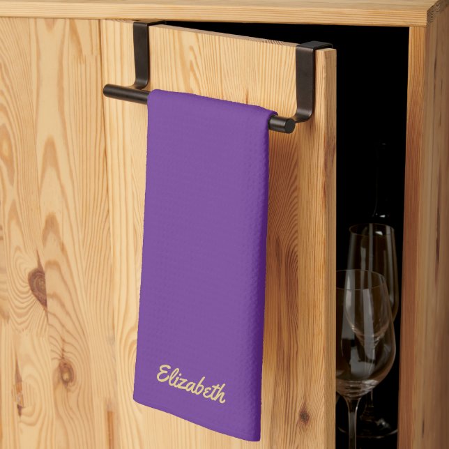 Purple And Gold Trendy Script Name Elegant Kitchen Towel (Thirds Fold)