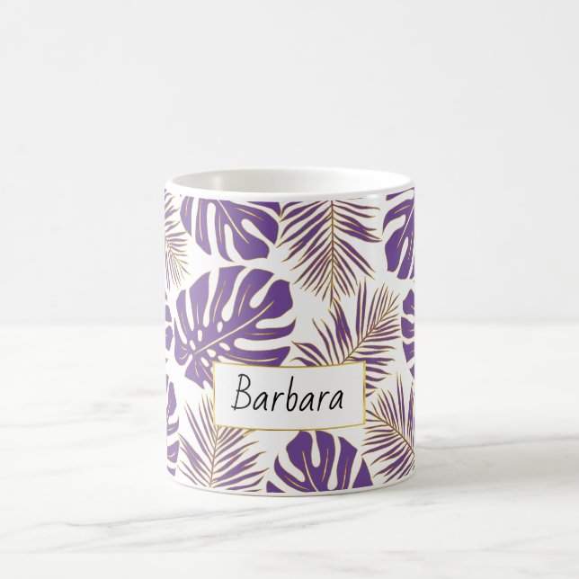 Purple and gold tropical leaves and name coffee mug (Center)