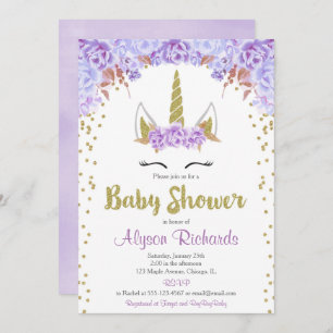 Purple and gold unicorn girl baby shower invitation