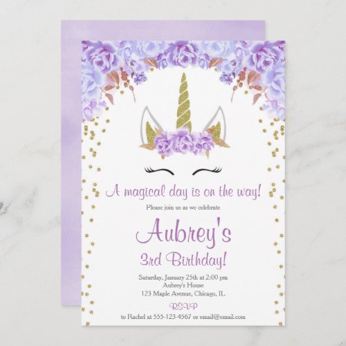 Purple and gold unicorn girl birthday party invitation