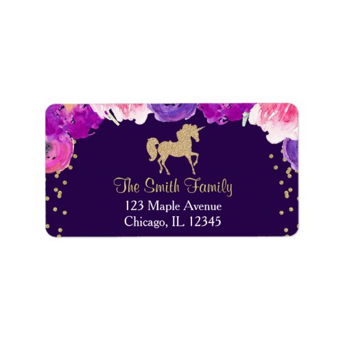 purple and gold unicorn return address labels