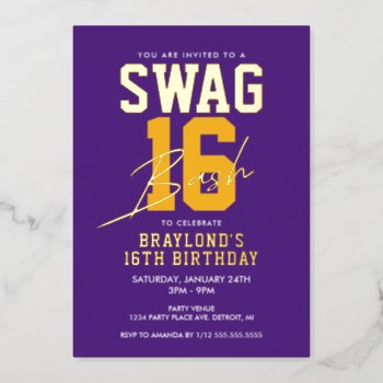 Purple And Gold Varsity Style Swag 16 Birthday Foil Invitation by DBDM_Creations at Zazzle