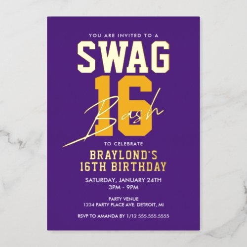 Purple and Gold Varsity Style Swag 16 Birthday Foil Invitation