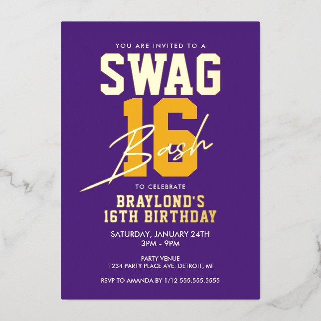 Purple and Gold Varsity Style Swag 16 Birthday Foil Invitation (Front)