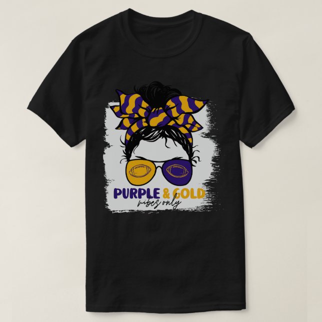 Purple and Gold Vibes Only  Mom Messy Hair Gameday T-Shirt (Design Front)