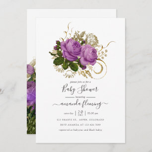 Purple and Gold Vintage Chic Floral Baby Shower Invitation