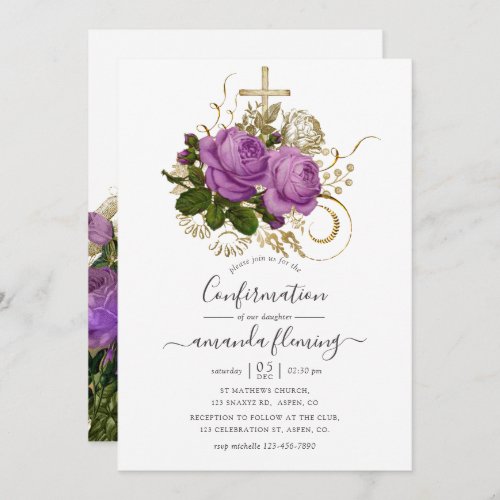 Purple and Gold Vintage Chic Floral Confirmation Invitation