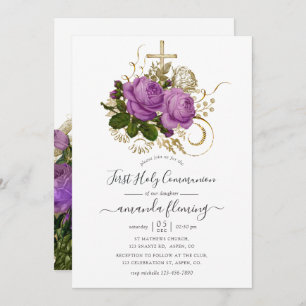 Purple and Gold Vintage Chic Floral Holy Communion Invitation