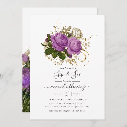 Purple and Gold Vintage Chic Floral Sip and See Invitation