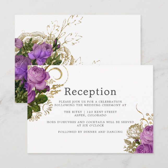 Purple and Gold Vintage Chic Wedding Reception Invitation (Front/Back)