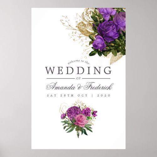 Purple and Gold Vintage Chic Wedding Welcome Poster