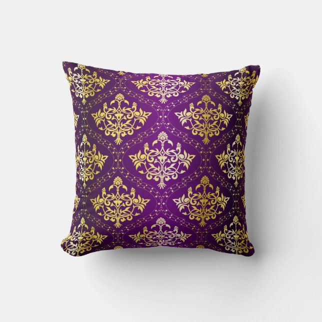 Purple and gold vintage damask pattern throw pillow (Front)