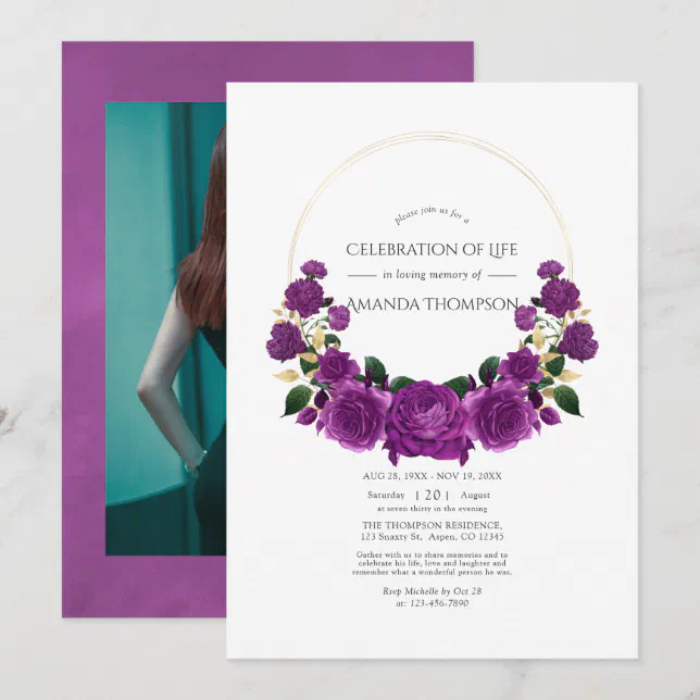 Purple and Gold Vintage Floral Celebration of Life Invitation | Zazzle