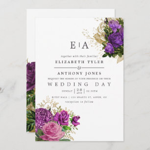 Purple and Gold Vintage Floral Monogram Wedding Invitation