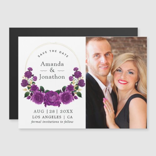 Purple and Gold Vintage Floral Wedding Photo Magnetic Invitation