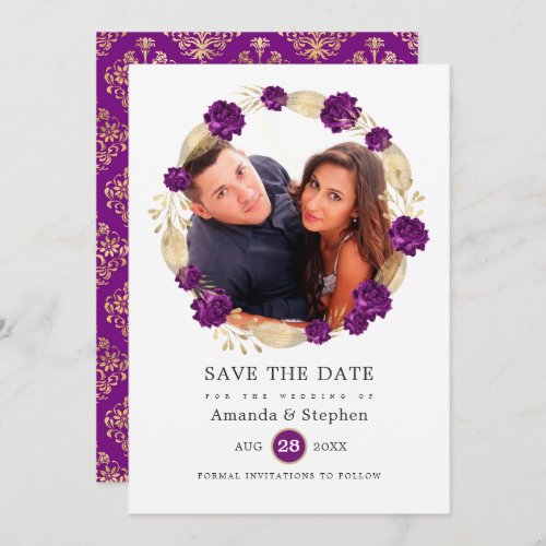 Purple and Gold Vintage Floral Wedding Save The Date