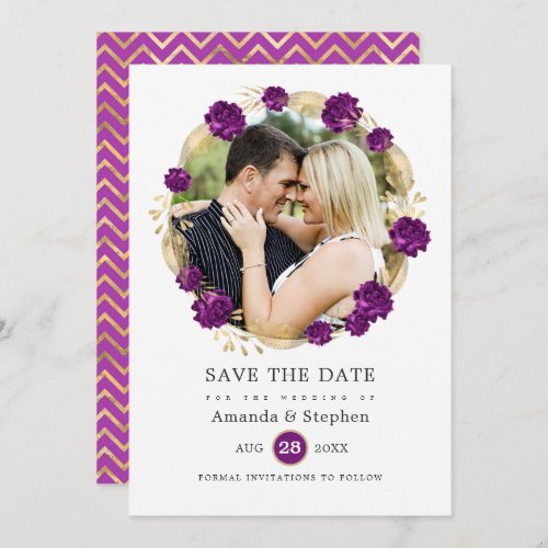 Purple and Gold Vintage Floral Wedding Save The Date