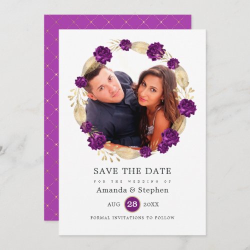 Purple and Gold Vintage Floral Wedding Save The Date