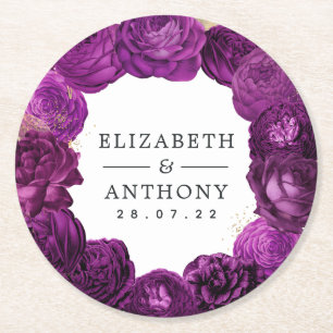 Purple and Gold Vintage Foil Floral Wedding Round Paper Coaster