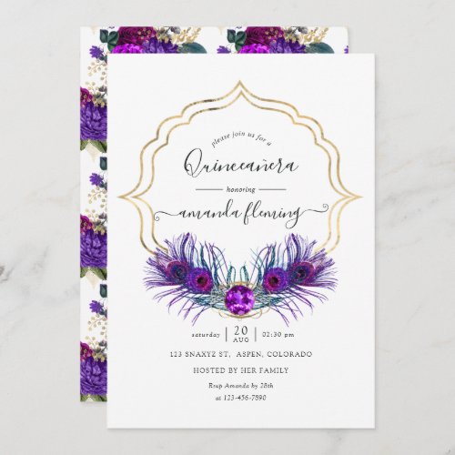 Purple and Gold Vintage Peacock Floral Quinceaera Invitation