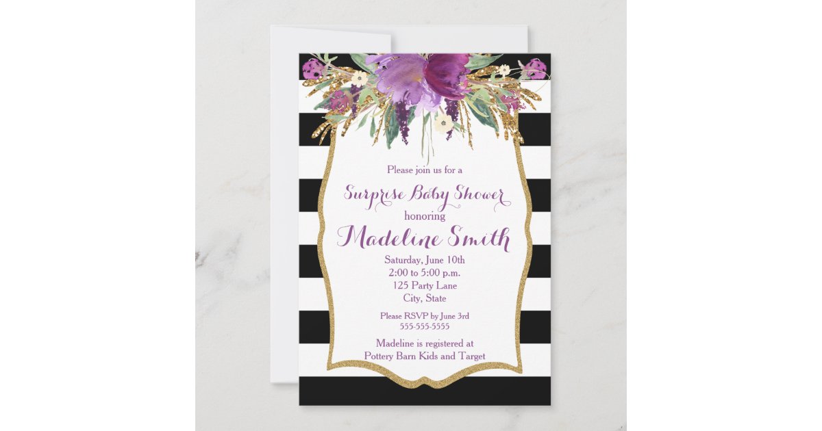 Purple and Gold Watercolor Flowers Baby Shower Invitation | Zazzle