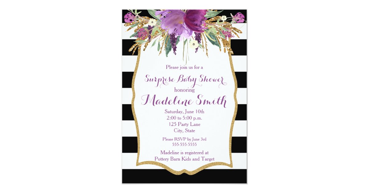 Purple And Gold Watercolor Flowers Baby Shower Invitation Zazzle Com