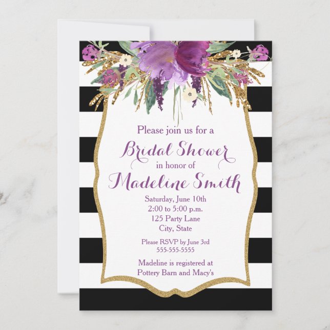 Purple and Gold Watercolor Flowers Bridal Shower Invitation (Front)