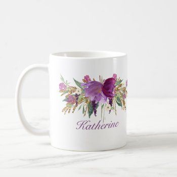 Purple And Gold Watercolor Flowers Coffee Mug by NoteworthyPrintables at Zazzle