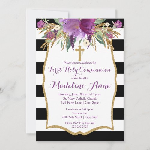 Purple and Gold Watercolor Flowers First Communion Invitation