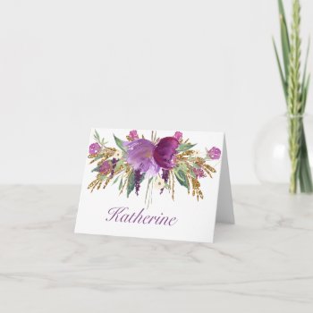 Purple And Gold Watercolor Flowers Notecards by NoteworthyPrintables at Zazzle